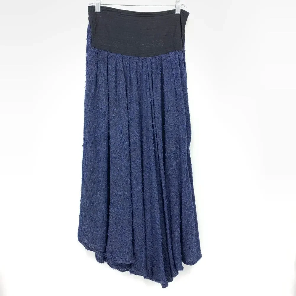 VTG Laise Adzer Pull On Midi Skirt Womens Sz Large Blue Black Cotton Gauze Boho